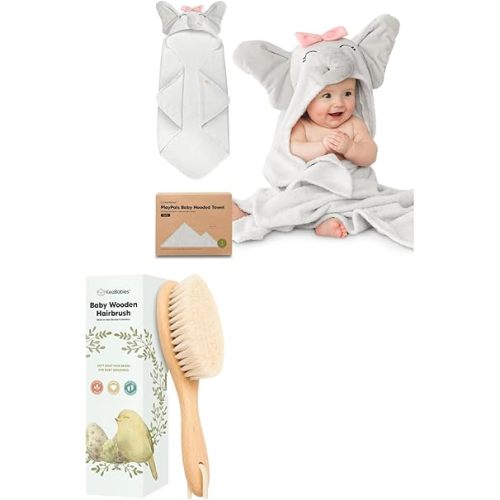 KeaBabies Baby Towel with Hood for Girls, Boys and Baby Hair Brush - Soft, Absorbent, 100% Cotton Hooded Baby Towels for Newborns - Baby Brush with Soft Goat Bristles