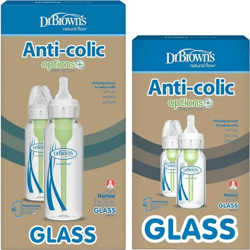 Dr. Brown's Natural Flow Anti-Colic Options+ Narrow Glass Baby Bottles, Made in The USA, BPA Free, 8oz and 4oz, 0m+, 4-Pack