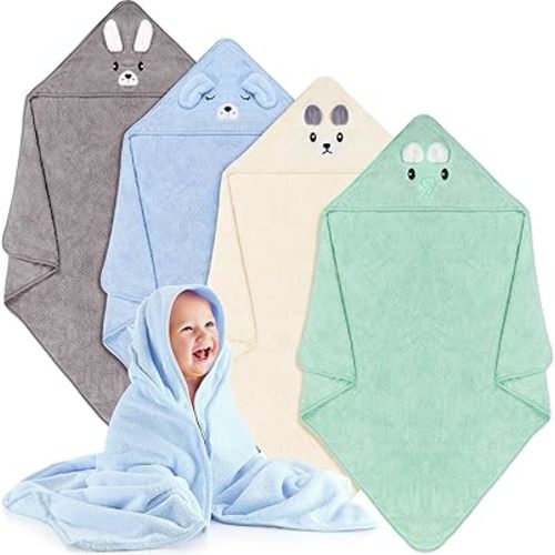 Preboun 4 Pcs Baby Bath Towel 31.5 x 31.5 Inch Coral Fleece Baby Hooded Towel Absorbent Soft Baby Towels for Newborn Cartoon Animal Hooded Bath Blanket for Kids Toddler Infant Shower (Cute Style)