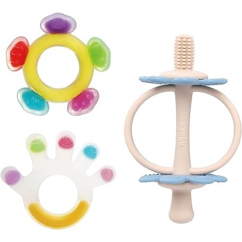 Haakaa Silicone Teether Set-Baby Freezer Teething Toy-Twin Flower Teether,Nipple-Shaped End for Gum Massage,360° Baby Toothbrush Head for Self-Brushing Training