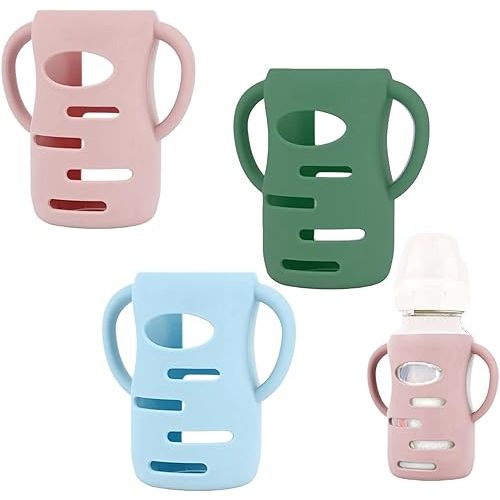 3 Pack Silicone Sleeves Compatible with Dr Brown Wide-Neck Glass Baby Bottles 9OZ/270mL, 100% Silicone Handles for Sippy Cups for Toddlers 1-3, Anti Breakage (Pink+Blue+Green, 9 OZ)