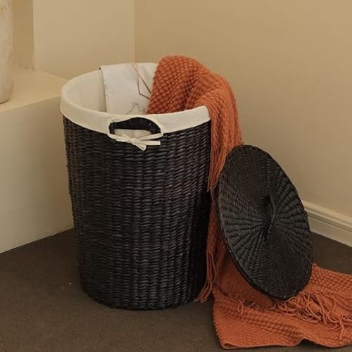 Handmade Wicker Laundry Basket with Lid,Hand-woven Laundry Hamper with Removable Liner,Large Laundry Basket with Ample Laundry Space,Coffee