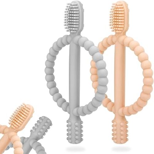 Baby Teething Toys with Easy-Hold Handle, Silicone Infant Toothbrush, Textured On Both Sides Helps Massage, Soothe Sore Gums, Teething Toys for Babies 0-6 Months, 6-12 Months Peach Powder & Gray