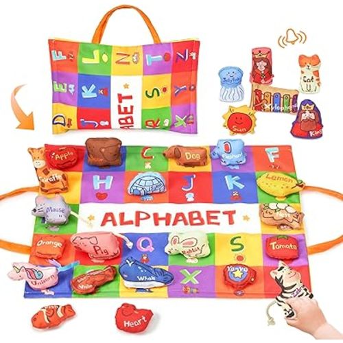 Alphabet ABC Play Set with 26 Sensory Toys - Soft Crinkle & Rattle Toys for Baby 6-12 Months, Cloth Book for Babies, 25x19in Tummy Time Foldable Storage Mat, Birthday