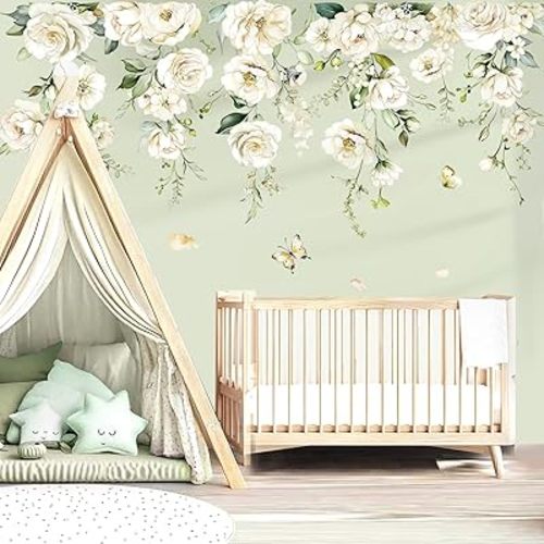 decalmile Large White Flower Wall Decals Hanging Vine Blossom Floral Wall Stickers Baby Nursery Girls Bedroom Living Room Wall Decor