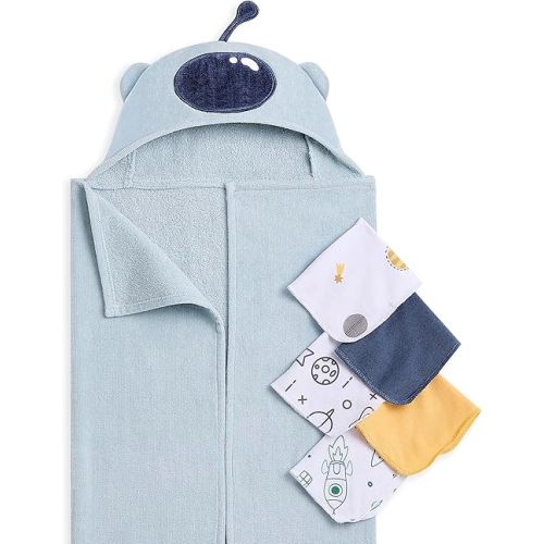 Evolur AstroNap 6 pc Baby Gift Set, Includes Hooded Towel & 5pc Wash Cloths, Soft and 100% Cotton Woven, for Newborn, Infants and Toddlers 0-9 Months