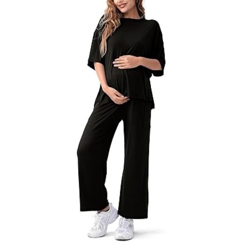 Maternity Lounge Set 2 Piece Outfits Matching Short Sleeve Top Adjustable Long Pants Pregnancy Summer Loungwear