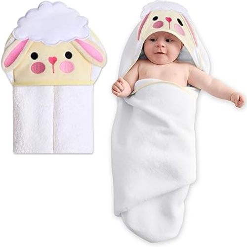 Mother's Choice Baby Hooded Towel - Large Size 33x33 Inch, 100% Cotton, Ultra-Soft & Absorbent Bath Towel for Newborns, Infants, Toddlers, Boys & Girls with Animal Hood (Sheep)