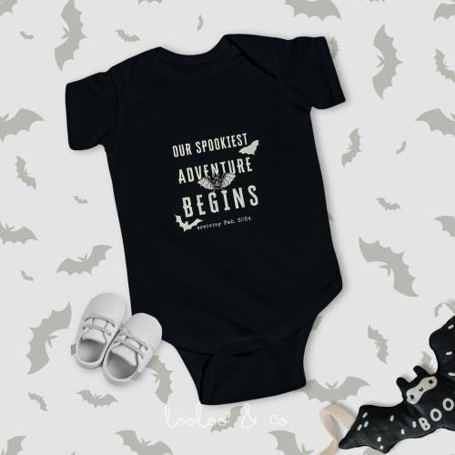Goth baby bat bodysuit, Our spookiest adventure begins, Black creepy gothic baby clothes, Gothic baby shower, Pregnancy Birth announcement
