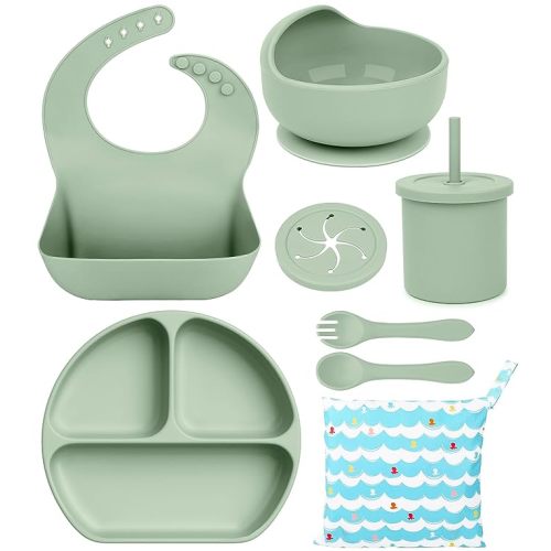 Silicone Baby Feeding Set, Complete Baby Led Weaning Supplies Bpa Free, 8 Pack Baby Eating Supplies with Infant Suction Bowl and Plates, Bowl Cup Spoon and Fork Set, Infant Utensils Dish for Baby