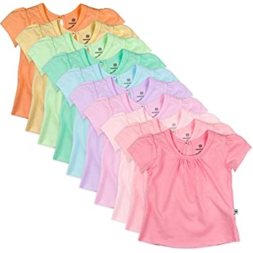 HonestBaby Baby, Toddler, and Little Girls' 100% Organic Cotton Puff Sleeve T-Shirts (10 Pack)