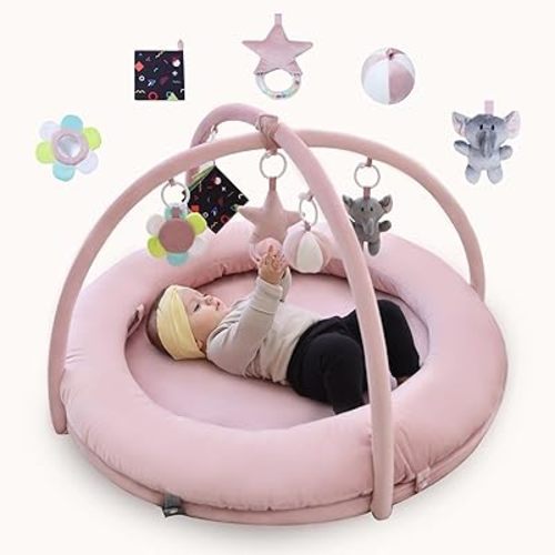 Hiseeme Baby Play Gym Mat, Thick & Plush Baby Playmats, Tummy Time Mat with 5 Sensory Toys for Newborn Development, Baby Activity Gym for Infant with Non-Slip Cushioned Foam Padding (Pink)
