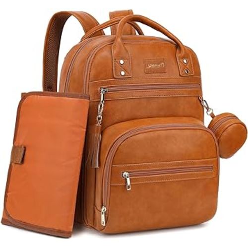 Vegan Leather Diaper Bag Backpack for Boy Girl with Changing Pad and Pacifier Case, Waterproof, Travel Baby Bag Backpack for Mom Dad, Perfect Baby Shower Gifts, Brown