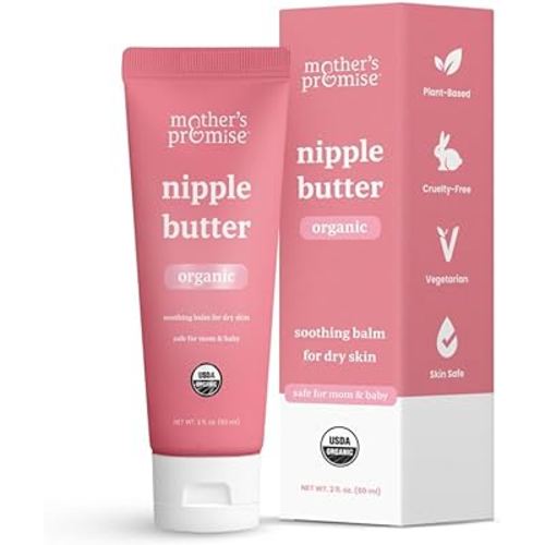 Organic Nipple Cream for Breastfeeding Mothers | Lanolin-Free Nipple Butter, Safe for Nursing Moms & Babies | No Need to Wash Balm for Dry Skin & Breastfeeding Essentials, Made in Canada, 2oz.