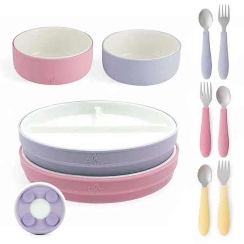 Kids Porcelain Mealtime Bundle | Suction Sleeves | 7.8" Plates, Bowls + Toddler Utensils |  10 Pc | Blush/Lilac