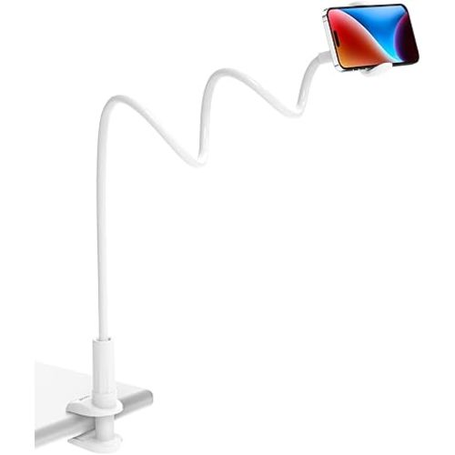 Tryone Gooseneck Phone Holder Stand for Bed Flexible Arm Adjustable Cell Phones Mount Clamp on Desk Bedframe Compatible with iPhone 14 Pro Max 13 12 11 X SE Series/Samsung S22 or Other 4"-7" Devices