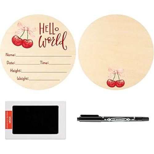 R HORSE Baby Announcement Sign with Ink Pad and Marker Pen Cherry Pink Bow Hello World Wooden Keepsake for Newborn Handprints Footprints Christening Shower Gift Double-Sided Name Plaque Welcome Sign