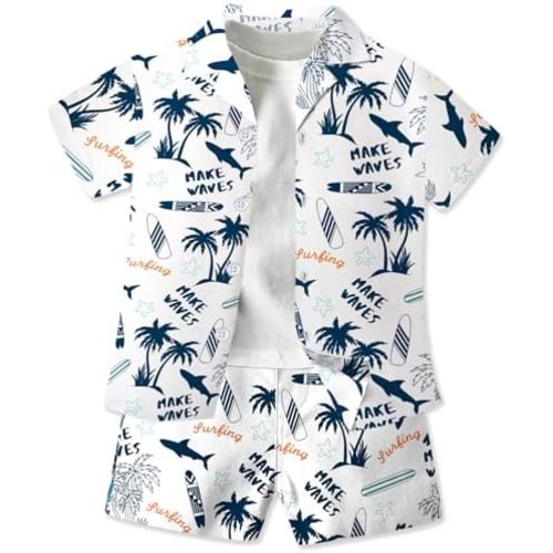 SANGTREE Boys Summer Short Hawaiian Outfit, Button Down Shirt + White T-shirt + Shorts, 3 Months - 9 Years