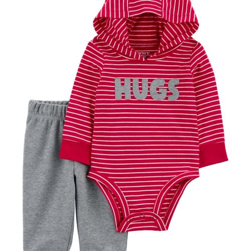 Red/Heather Baby 2-Piece Striped Hugs Hooded Bodysuit Pant Set | Carter’s Oshkosh Canada
