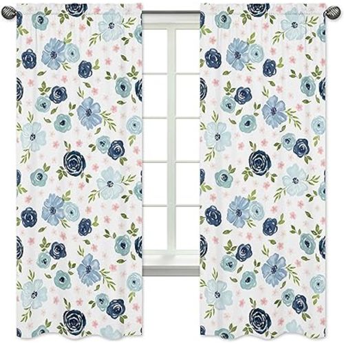 Sweet Jojo Designs Navy Blue and Pink Watercolor Floral Window Treatment Panels Curtains - Set of 2 - Blush, Green and White Shabby Chic Rose Flower