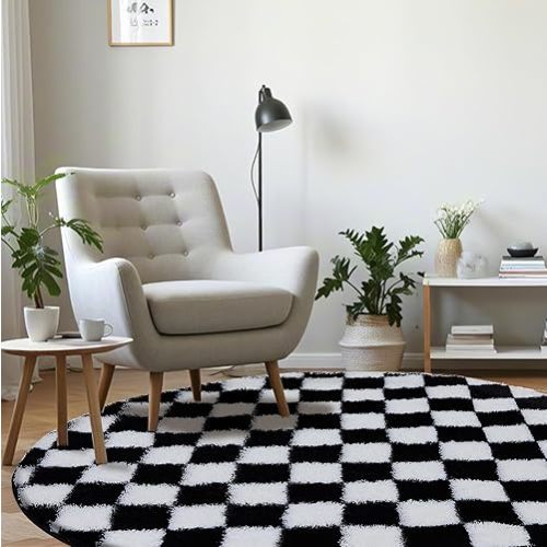 Super Soft Rug, Round Rug for Bedroom, 4X4 Ft Black and White Checkered Round Rug Non-Slip High Pile Cute Soft Fluffy Rug for Living Room Bedroom Kids Room