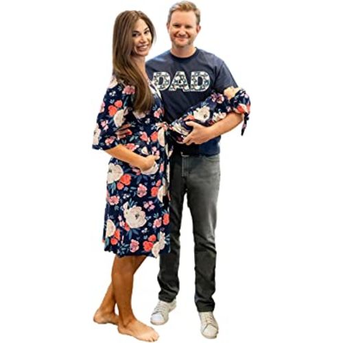 Baby Be Mine Maternity Nursing Delivery Robe & Baby Girl Swaddle Blanket Set with Daddy T-Shirt (Small/Medium Robe -2X Large Tshirt, Annabelle)