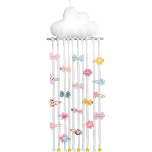 Long Bow Holder for Girls Baby White Clouds Hair Bows Clip Organizer 31.5 Inch Baby Hair Accessories Storage Display Hanging Decor for Girls Nursery Room Bedroom Living Room