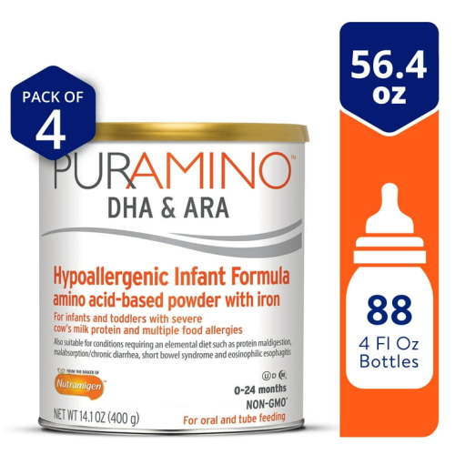 PurAmino Hypoallergenic Infant Drink, for Severe Food Allergies, Omega-3 DHA, Iron, Immune Support, 14.1 Oz Can, 4 Count