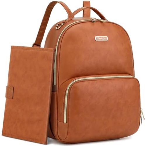 Leather Diaper Bag Backpack - Large Capacity Baby Essentials Travel Baby Bag with Changing Pad, Multi function Waterproof Baby Bag with Adjustable Shoulder Strap & Stroller Straps