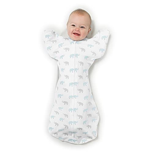 Amazing Baby Transitional Swaddle Sack with Arms Up Half-Length Sleeves and Mitten Cuffs, Tiny Elephants, Blue, Small, 0-3 Months (Parents’ Picks Award Winner, Easy Transition with Better Sleep)