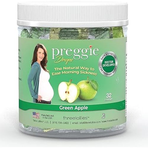Preggie Pop Drops Pregnancy Nausea Relief Morning Sickness Candy with Essential Oils for Pregnant Women - Natural Green Apple, 32 Count