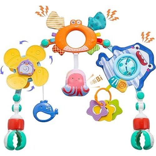 Baby Stroller Arch Toy, Car Seat Toys, Adjustable Arch Stroller toy with Hanging Sensory Activity toys,fits on Baby Bouncer, Bassinet, Stroller, Crib and Car Seats for baby infant Boy Girl 0-18 Months