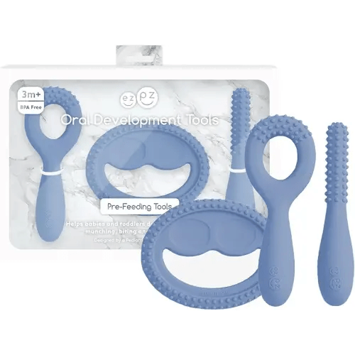 ezpz Oral Development Tools (3 Pack in Color) - 3 Months+ - Non-Slip Loop, Smile and Stick 100% Silicone Tools - Prepare for Chewing + Solids - Baby-Led Weaning Supplies