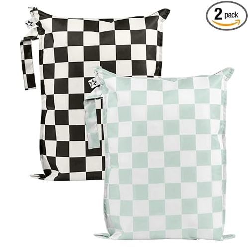 Tiny Twinkle Mess Proof Wet Bags | 2-Pack Reusable Waterproof Wet Bags for Swimsuits | Baby Clothes | Travel & Diaper Bag (Black, Green Checkers)