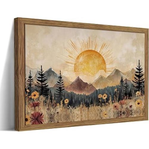 Framed Vintage Sunrise Mountain Landscape Wall Art, Golden Sunburst Meadow Forest Canvas Print, Retro Wildflower Nature Artwork, Rustic Boho Wall Decor for Living Room Bedroom Office 16x24in