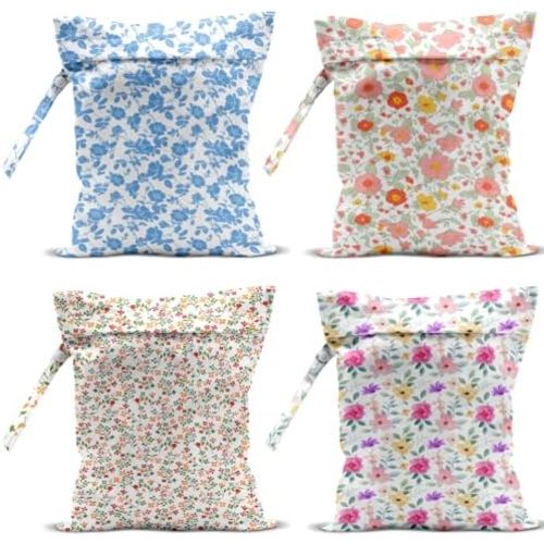 4 Pack Colorful Flowers Wet Bag Waterproof Washable Reusable Wet Dry Bag for Swimsuit Clothes Cloth Diaper Travel Beach Pool Yoga Gym Toiletries Gift for Women Bestie Coworker Birthday Christmas