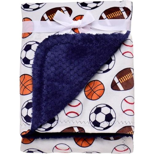 2 Ply Silky Baby Blanket, Reversible to Flannel, Sports Print (Navy Blue, 30 in. x 40 in.) Baseball, Soccer, Basketball, Football