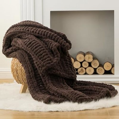 Battilo Chunky Knit Throw Blanket for Couch, 50"x60", Chocolate Brown