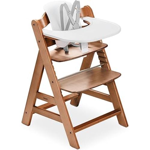 hauck Alpha+ Adjustable Wooden High Chair with Tray and Baby Seat - Beech Wood Feeding Chair for Babies and Toddlers from 6 Months to 198 lbs - Walnut