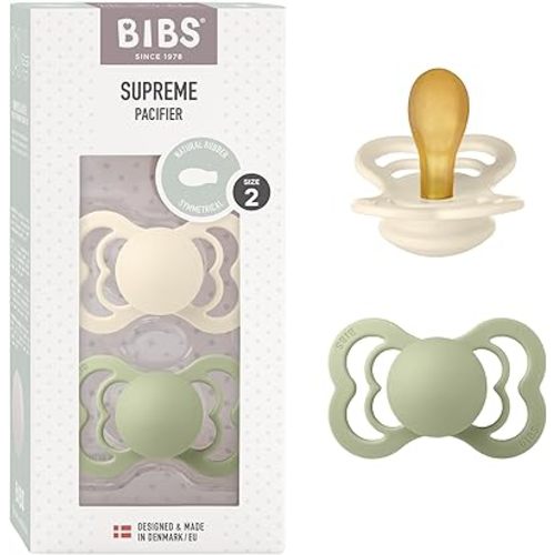 BIBS Pacifiers - Supreme Collection | BPA-Free Symmetrical Nipple | Natural Rubber Latex | Made in Denmark | Set of 2 Ivory/Sage Color Premium Soothers | Size 6-18 Months
