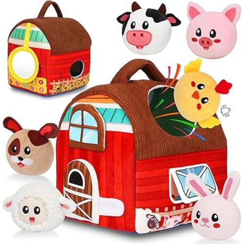 Baby Toys 6-12 Months - Soft Barn Toy with Stuffed Farm Animals, Rattle - Montessori Toys for Babies 6-12 Months Sensory Infant Toy for Toddlers 1-3 Year Old Boys Girls Baby Birthday Gifts