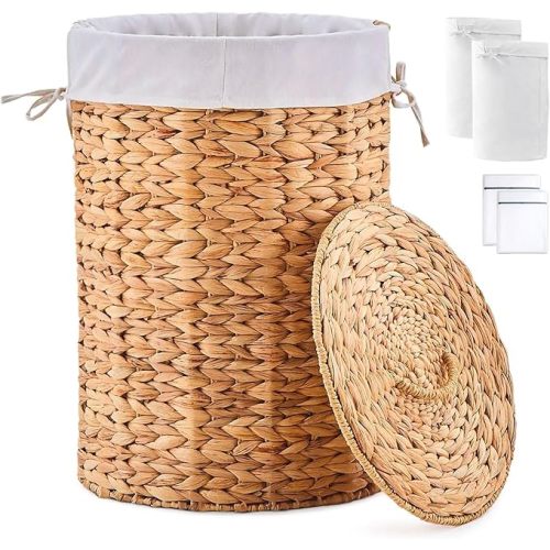 Round Water Hyacinth Laundry Hamper with Lid Handwoven Wicker Basket with Handles for Dirty Clothes, Storage, and Organization Ideal for Bedroom, Bathroom, and Laundry Room, No Assembly Required, 60L