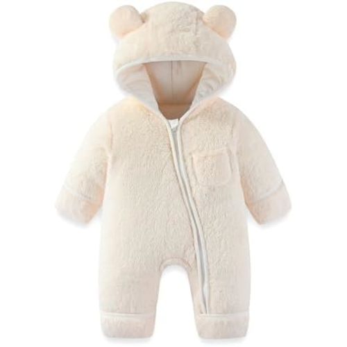 Newborn Baby Bear Outfit With Fold-Over Mittens and Footies Girls Boys Winter Fleece Clothes Hooded Romper Snowsuit