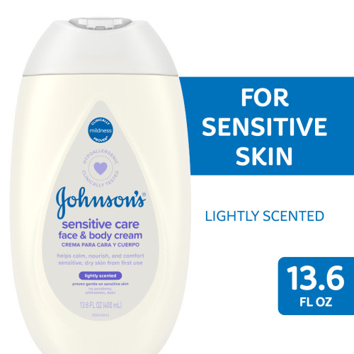 Johnson's Sensitive Care Face and Body Baby Lotion Cream, Lightly Scented, Hypoallergenic, 13.6 FL OZ (400 mL)