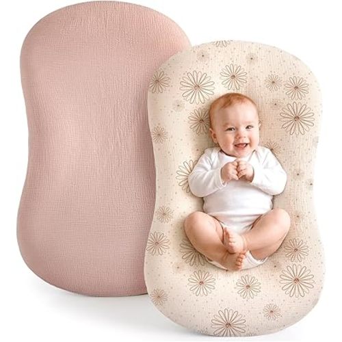 Termichy Baby Lounger Covers Muslin: Soft and Breathable Slipcover for Snuggle Me Lounger - Machine Washable & Zipper-Free for Safe Daily Use - Pink Floral for Girls