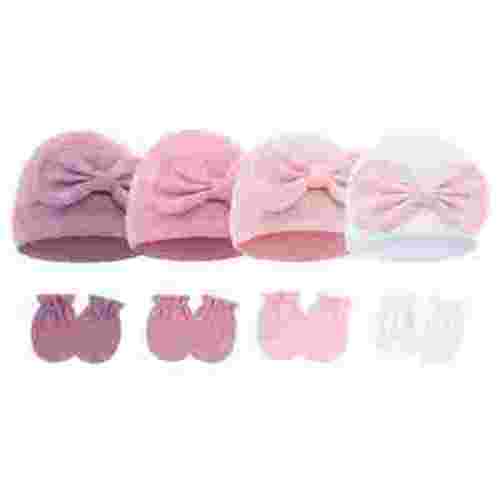 Happy Cherry Hats Gloves Sets for Infant No Scratch Mitten Preemie Hospital Cotton Hat Baby Girls Bow Hats Newborn Beanie Cap for 0-6 Months