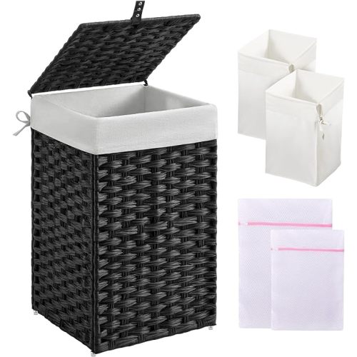 Greenstell Laundry Hamper with Lid, 60L Clothes Hamper with 2 Removable Liner Bags & 2 Mesh Bags, Handwoven Synthetic Rattan Basket, Toys in Bathroom, Bedroom Black - 60L (13.4 x 13.4 x 21.7 inches)