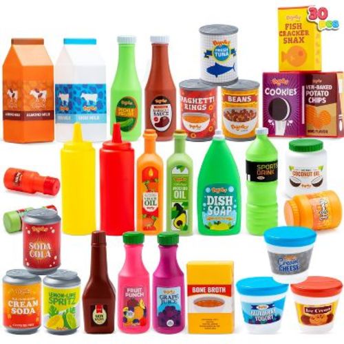 Joyfy 30 Pcs Play Food Grocery Cans, Party Play Set, Play Kitchen Accessories, Gifts & Indoor Toys for Kids Toddlers 2 3 4 5 6 Years Old