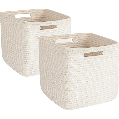 AELS Hand Woven Cotton Basket for Storage, Cube Storage Bins with Handles, Foldable Collapsible Closet Organizers and Storage, Boho Farmhouse Storage Cubes for Shelves, Beige