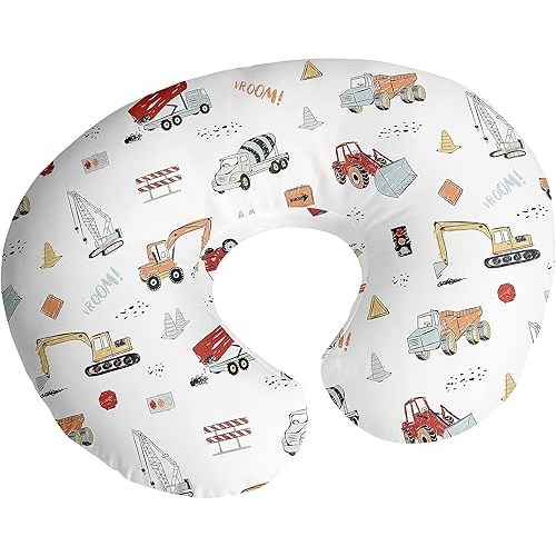 Sweet Jojo Designs Construction Truck Nursing Pillow Cover Breastfeeding Pillowcase for Newborn Infant Bottle or Breast Feeding (Pillow NOT Included) - Grey Yellow Orange Red and Blue Transportation